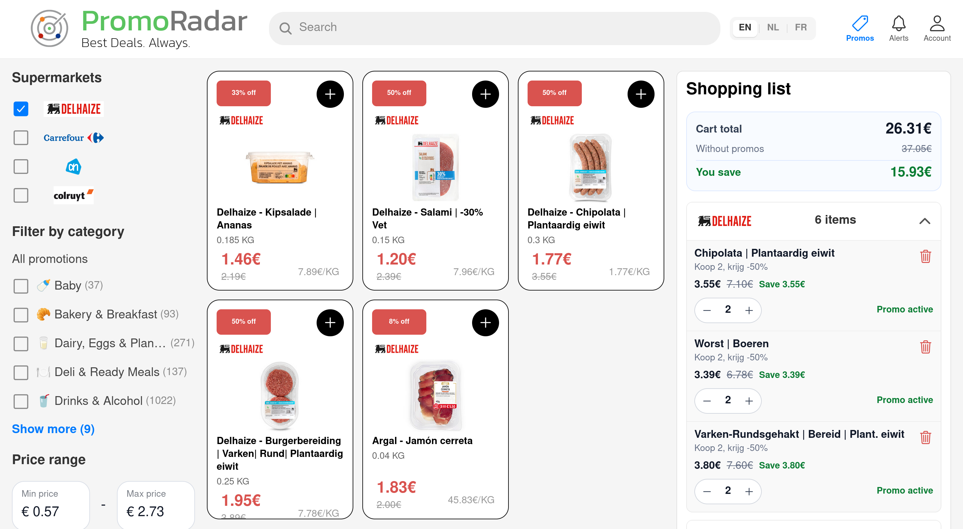 PromoRadar app showing price comparisons, filters, and a shopping list